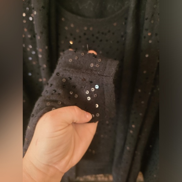 Josie Natori Black Silk Angora Sequined Scoop Tank And Drapey Cardigan set Small - Picture 7 of 11
